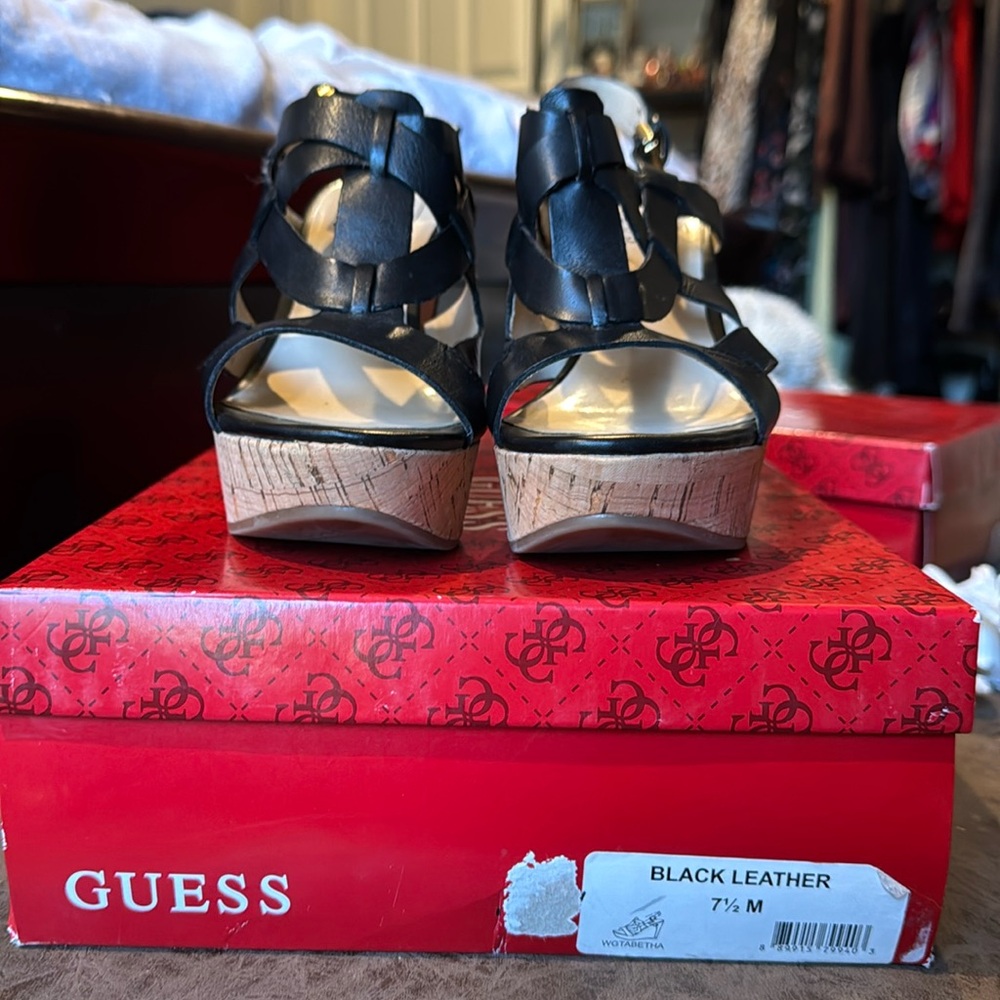 Guess Black Leather Wedges